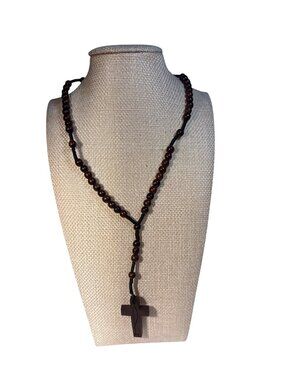 Handcrafted Wooden Rosary Necklace Cross Pendant Dark Brown Beads Child Size 11”